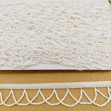 White Hand Embroidered Fringe Lace Trim With White Bugle Beads, Fringe Trim, Beaded Fringing